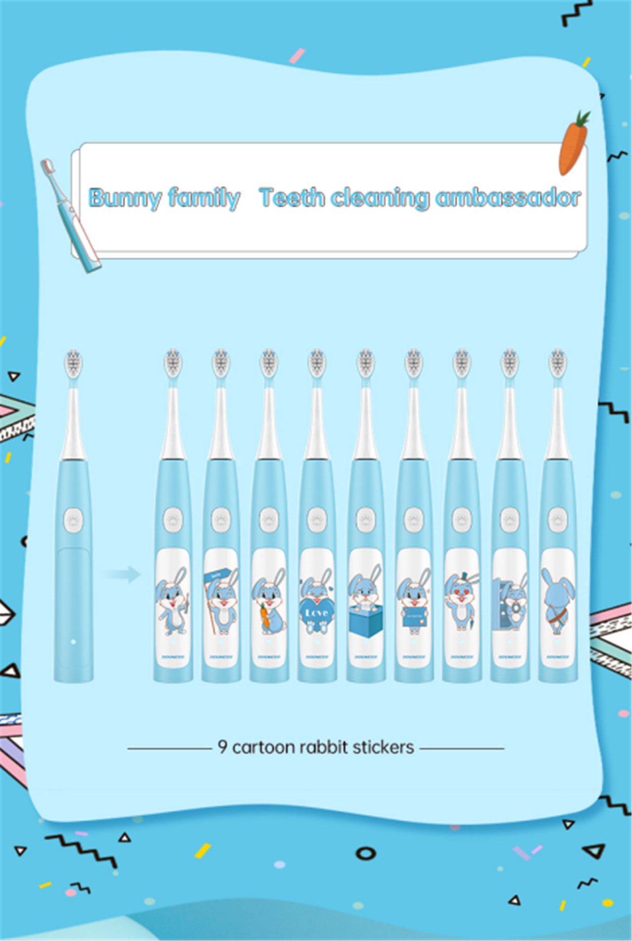Awọn ọna 3 Electric Toothbrush fun Awọn ọmọde Aifọwọyi Ultrasonic Gbigba agbara IPX7 Waterproof Electric Toothbrush with Cute Cartoon Bunny Sitika-2 (1)