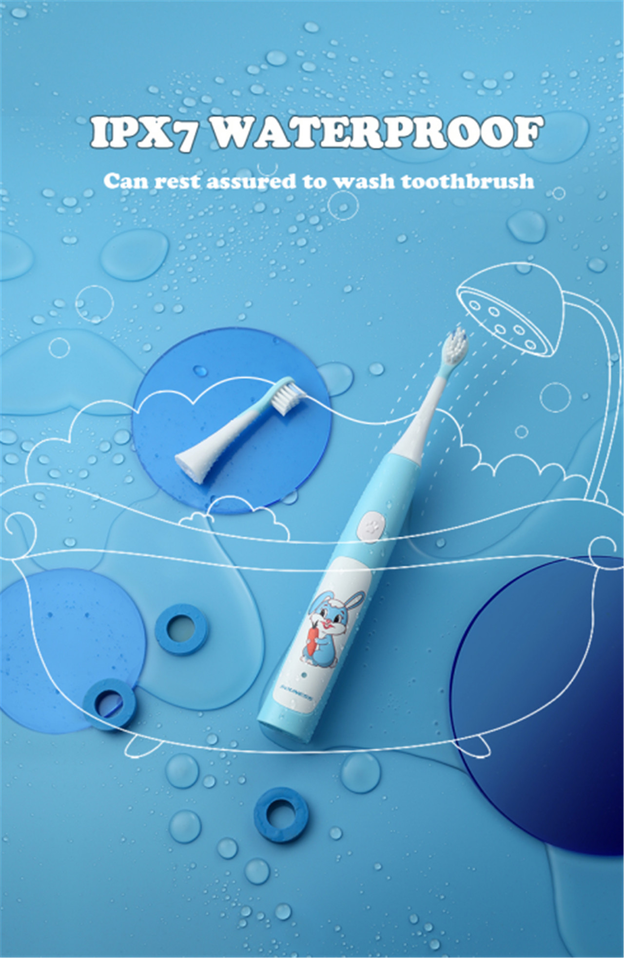Awọn ọna 3 Electric Toothbrush fun Awọn ọmọde Aifọwọyi Ultrasonic Gbigba agbara IPX7 Waterproof Electric Toothbrush pẹlu Wuyi Cartoon Bunny Sitika-2 (3)