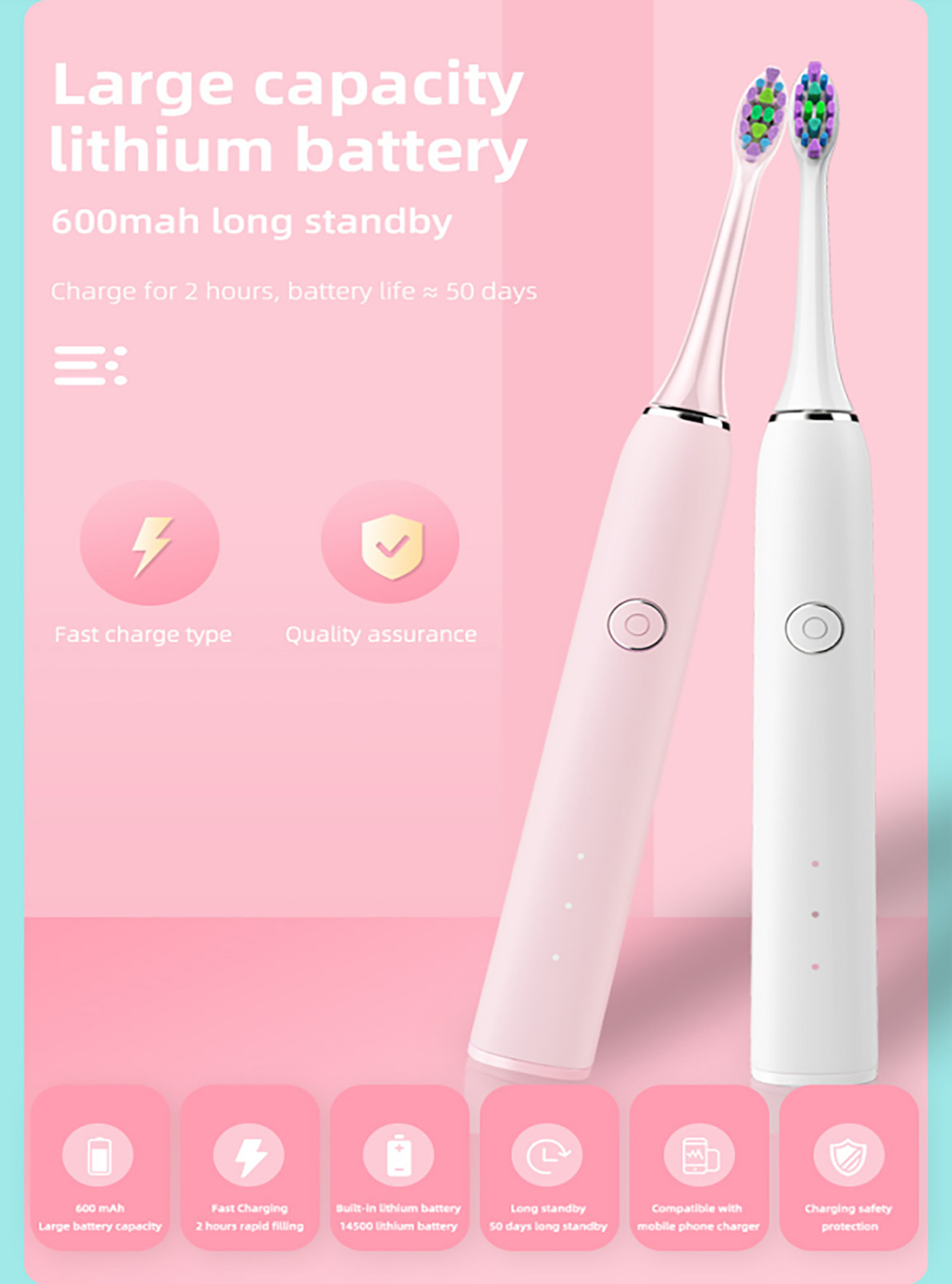 Bejgħ bl-ingrossa Personalizzat USB Rechargeable Toothbrush Sonic Elettriku bi 3 modi (3)