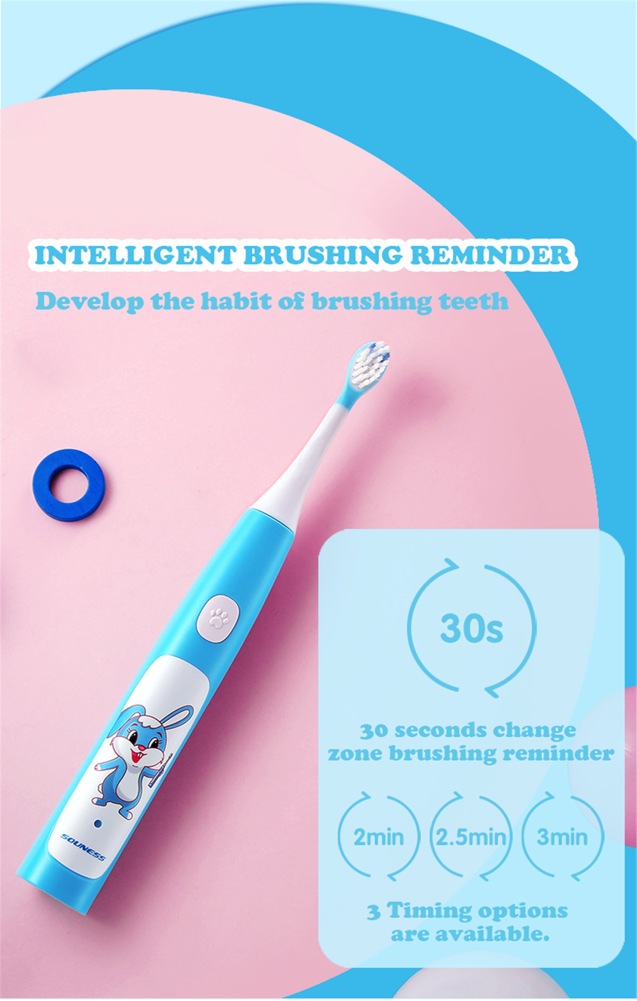 3 Modes Electric Toothbrush for Kids Automatic Ultrasonic Rechargeable IPX7 Waterproof Electric Toothbrush with Cute Cartoon Bunny Sticker-2 (5)